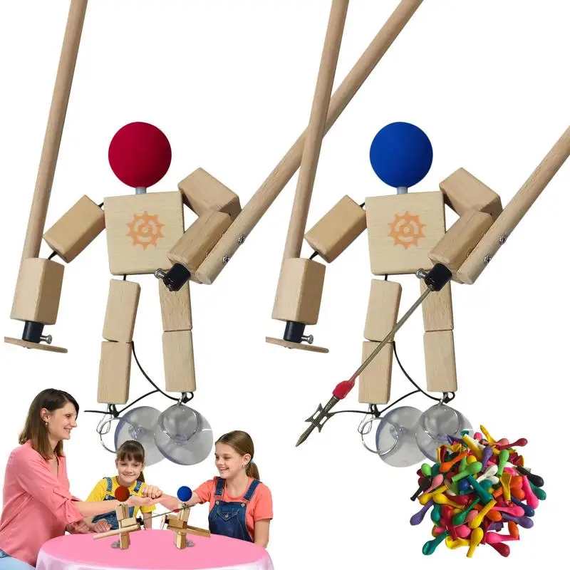 

Balloon Wood Man Battle Handmade Wooden Fencing Puppets Wooden Bots Battle Game Fast-Paced Balloon Fight Whack A Balloon Party