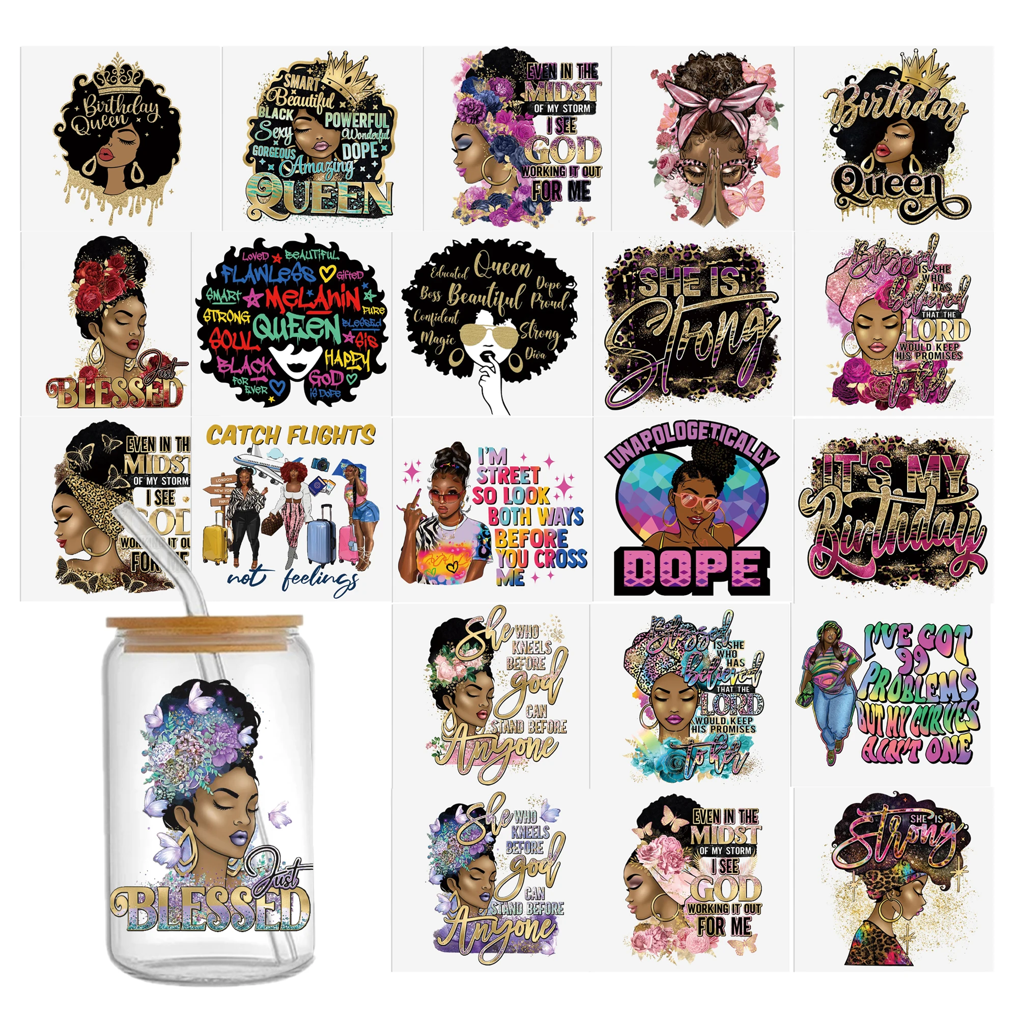 Black Girls UV DTF Sticker For 16oz Cups Wrap Transfer Sticker Labels DIY Selfadhesive Waterproof