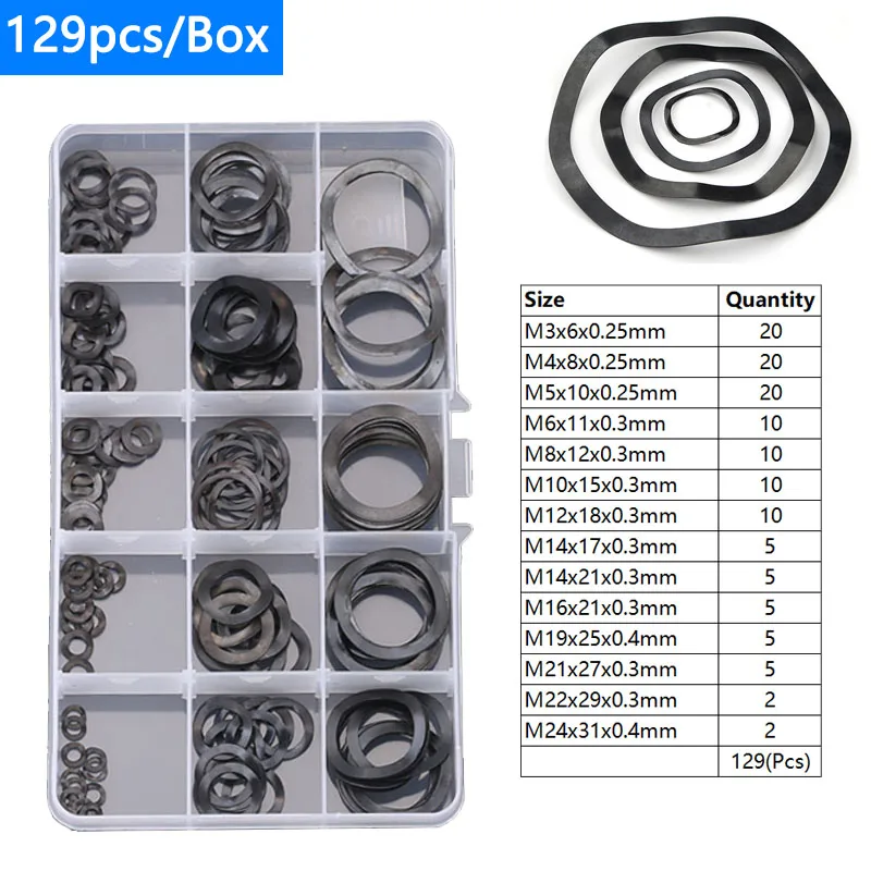 129pcs/box Wave Washers Black Spring Washer Elastic Metal Gasket Set