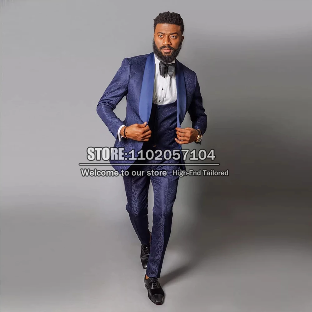 

Navy Floral Suits Men For Wedding Satin Lapel Jacquard Jacket+Vest+Pants 3 Pieces Formal Party Dress Costume Mariage Homme 2022