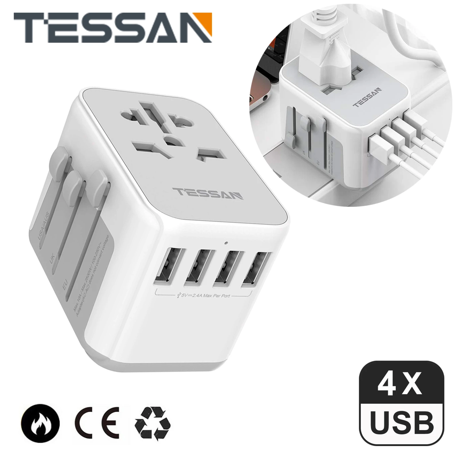 

TESSAN Universal Travel Plug Adapter with 4 USB Ports for EU AU US UK Over 150 Countries for Smartphone, Tablet, Camera