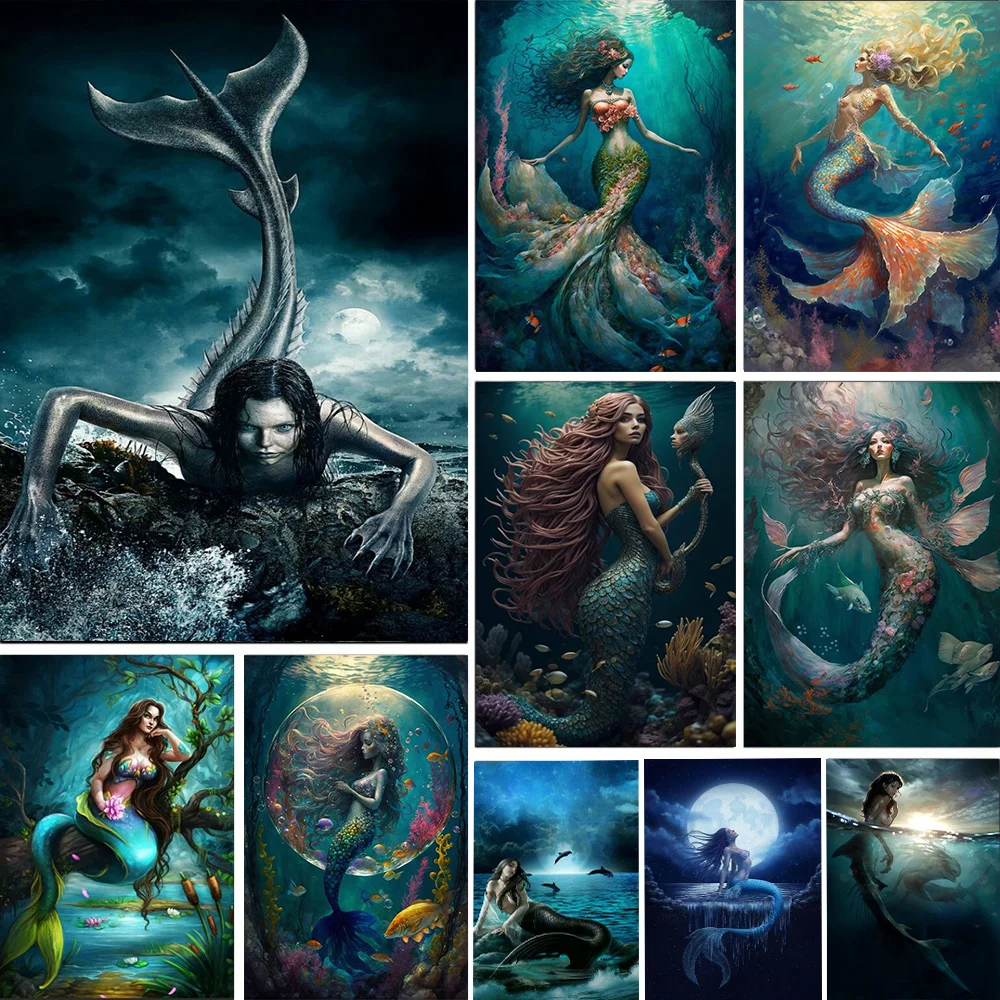 

Dark Academia Mermaid Art Poster Prints For Living Room Home Decor Gothic Scary Mermaid Canvas Painting Wall Art Cuadros