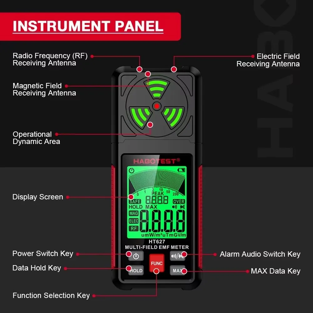 Radiation Detector HT627 EMF Meter Electromagnetic Radiation Tester Electric Field Magnetic Field RF Radiation Radio Frequency Detector Warn Meter