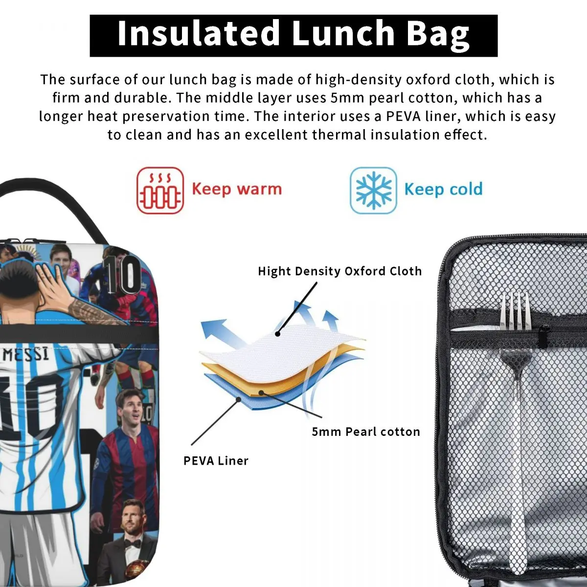 Lionel M-Messi Insulated Lunch Bags Food Container Bags Portable Thermal Cooler Football Sports Lunch Boxes For School Office 6