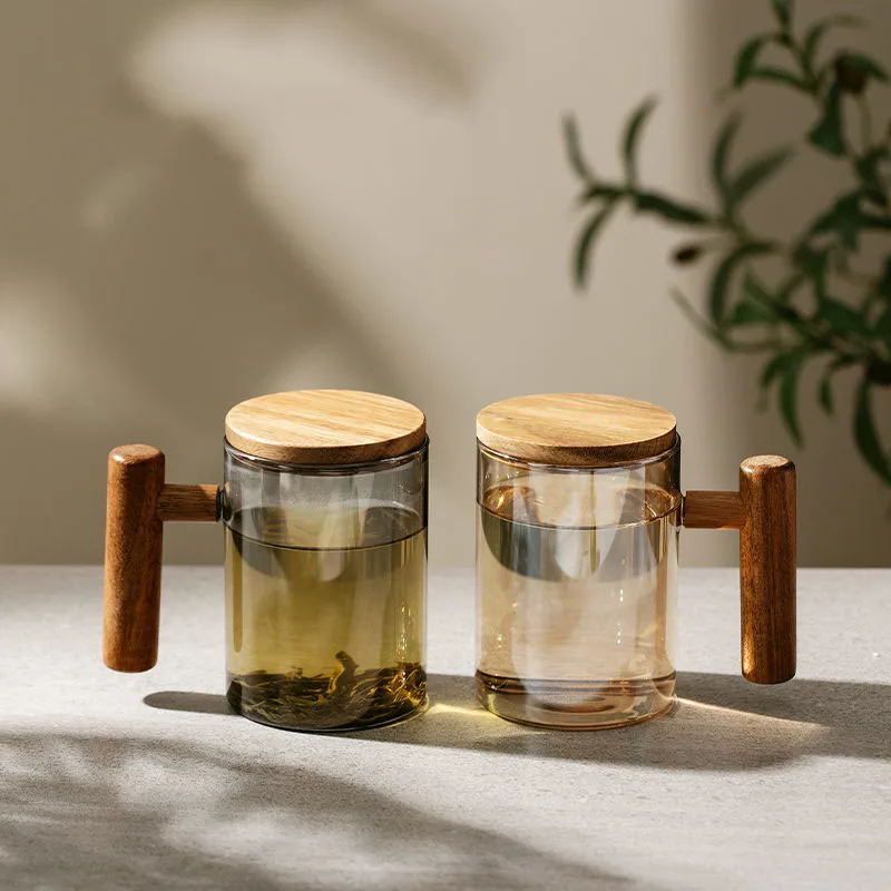 

Japanese-style Glass Coffee Mug Tumbler Glaze Tea Milk Beer Mug with Wood Handle Water Cup Home Office Drinkware Water Bottle
