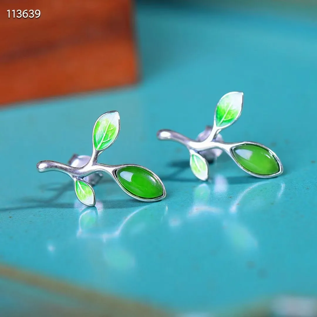 

Natural 100% real 925 sterling silver leaf Earrings mosaic green hetian jade oval beads fashion temperament women earrings gift