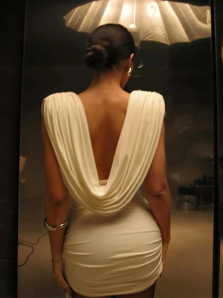 Nibber Deep V-Neck Mini Dress Woman Backless Sleeveless Skinny Peach Hip Sexy Fashion Midnight Club Party Ruched Elegant Bodycon