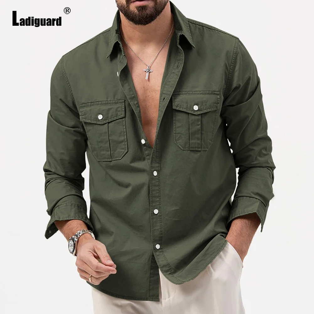 

Mens Casual Stand Pocket Blouse 2024 Spring New Cargo Shirts Masculina Long Sleeves Camisa Shirt blusas Homme Ropa Men Clothing
