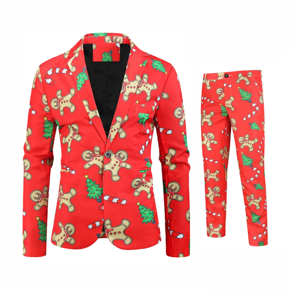 thumbnail image 1 of Traje navideño para hombre de 2 piezas, corte entallado, estampado de muñeco de nieve navideño, para fiesta, disfraz de un solo botón, ropa informal de moda para hombre, 1 of 5