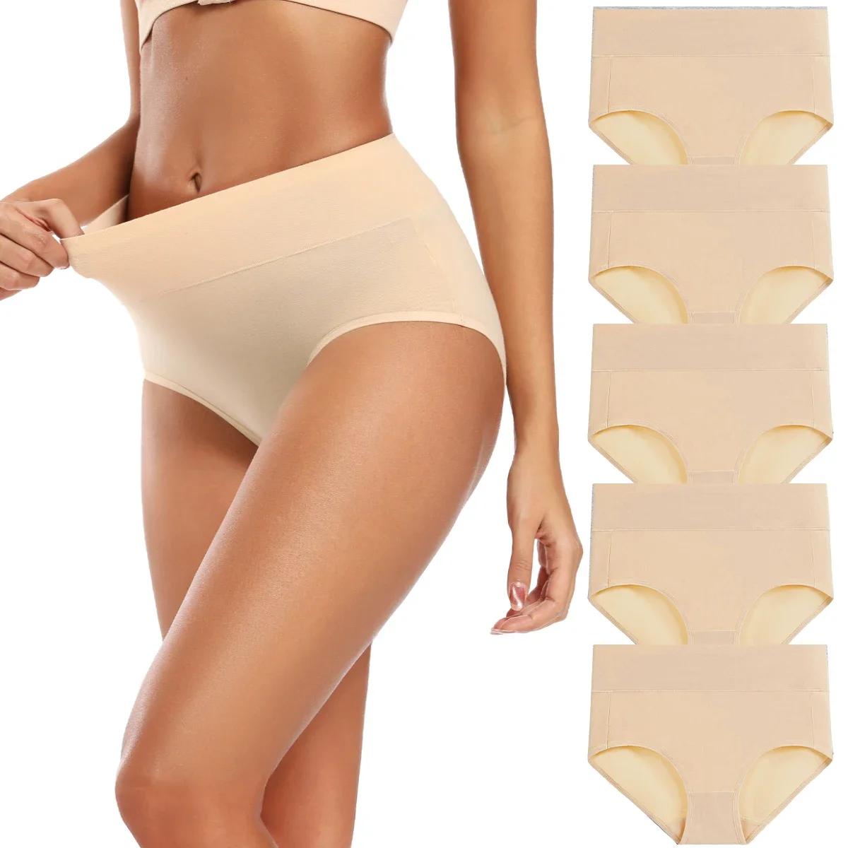 POKARLA 5PCS Women's Seamless Cotton Underwear High Waist Full Coverage Ladies Briefs Set Female Breathable Panties Plus Size