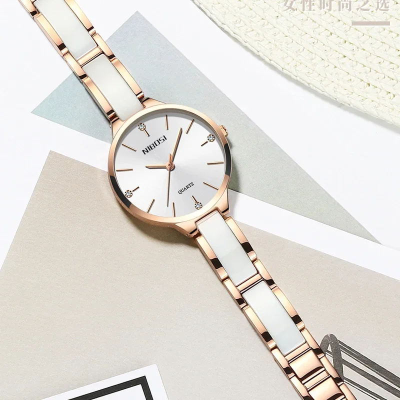 NIBOSI-Reloj de pulsera de cerámica para mujer, cronógrafo creativo, femenino