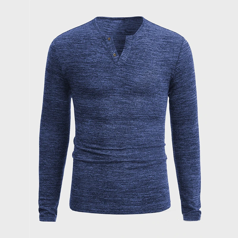 

Stretch Slim V-Neck T-Shirt Long Sleeve Notched Neck Half Placket Pullover