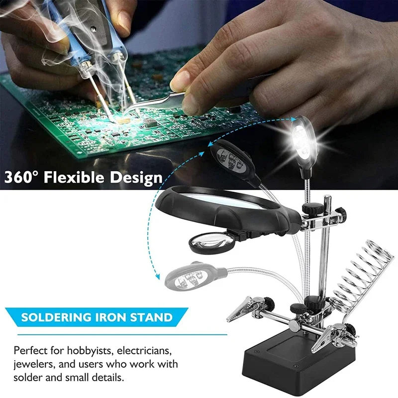 Hand Soldering Iron Stand 3 Welding Tool Magnifying Glass Illuminated LED Alligator Clip Holder Clamp Helping Repair