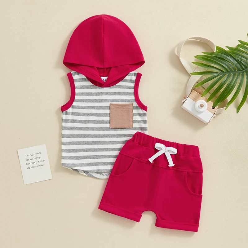 2024-04-01 Lioraitiin Toddler Baby Boy 2PCS Summer Set Striped Sleeveless Hooded Tank Tops Elastic Waist Shorts Outfits