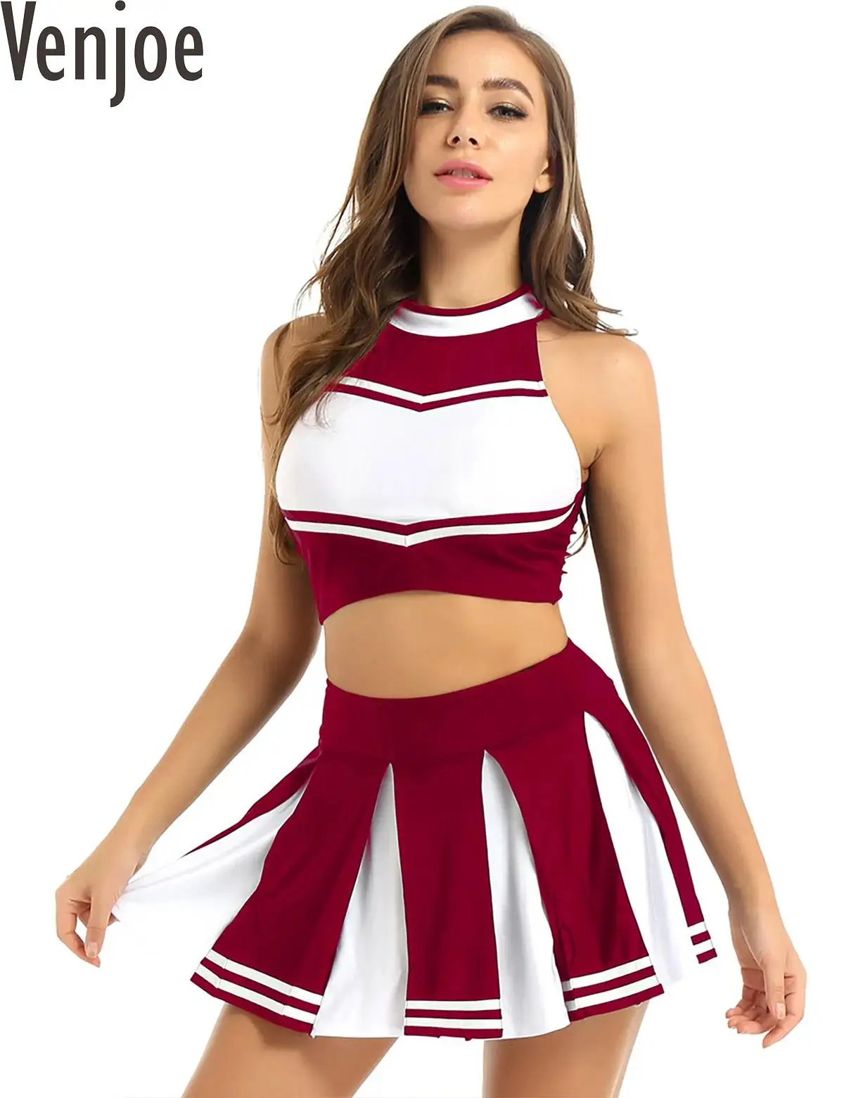 

#S-XXL Women Cheerleader Costume Uniform Carnival Party Cosplay Outfit Stand Collar Sleeveless Crop Top with Pleated Mini Skirt