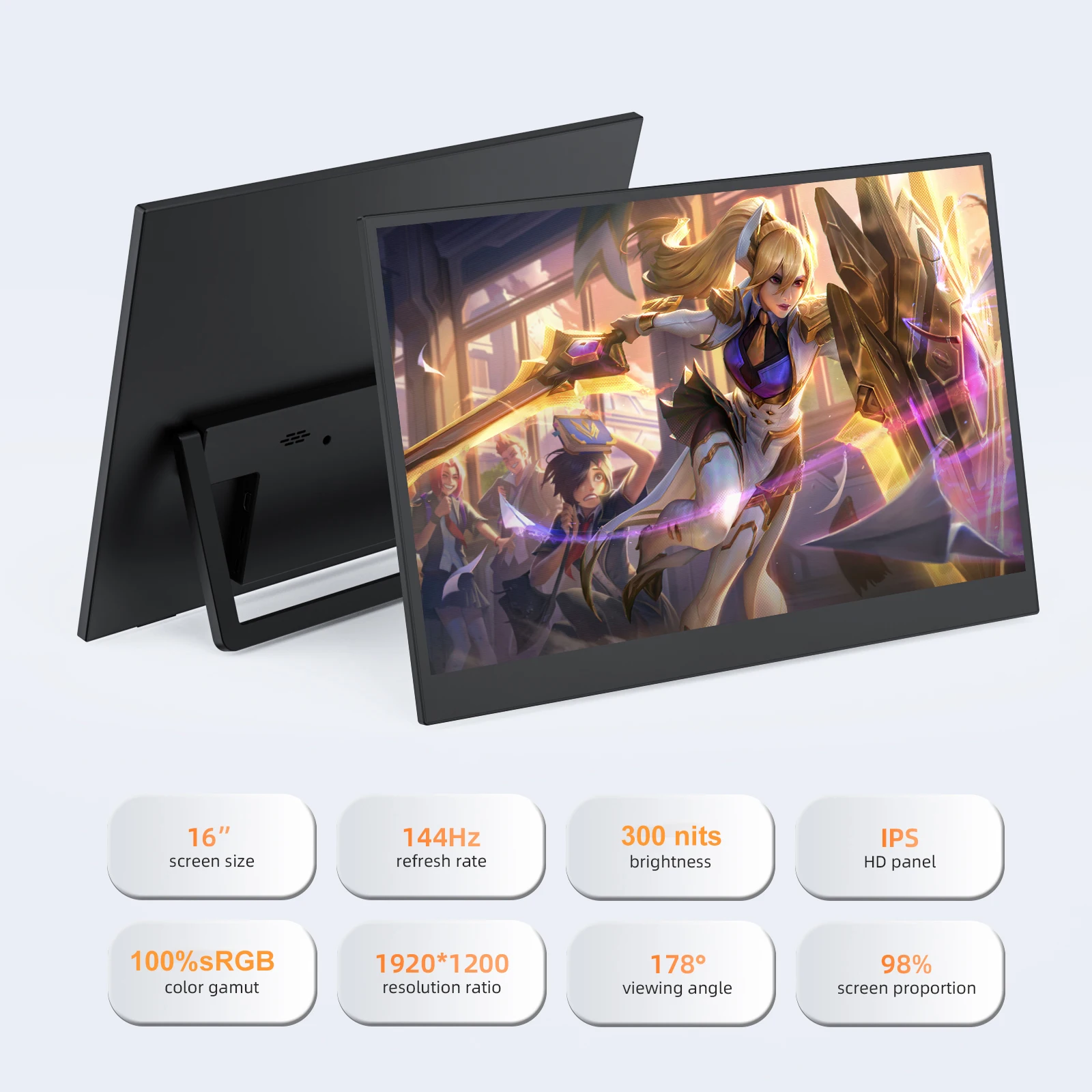 JSHIX 16인치 휴대용 모니터 144Hz 100%sRGB 1920*1200 게임용 풀 HD IPS 보조 모니터 노트북 PS4 스위치 엑스박스 서브 디스플레이