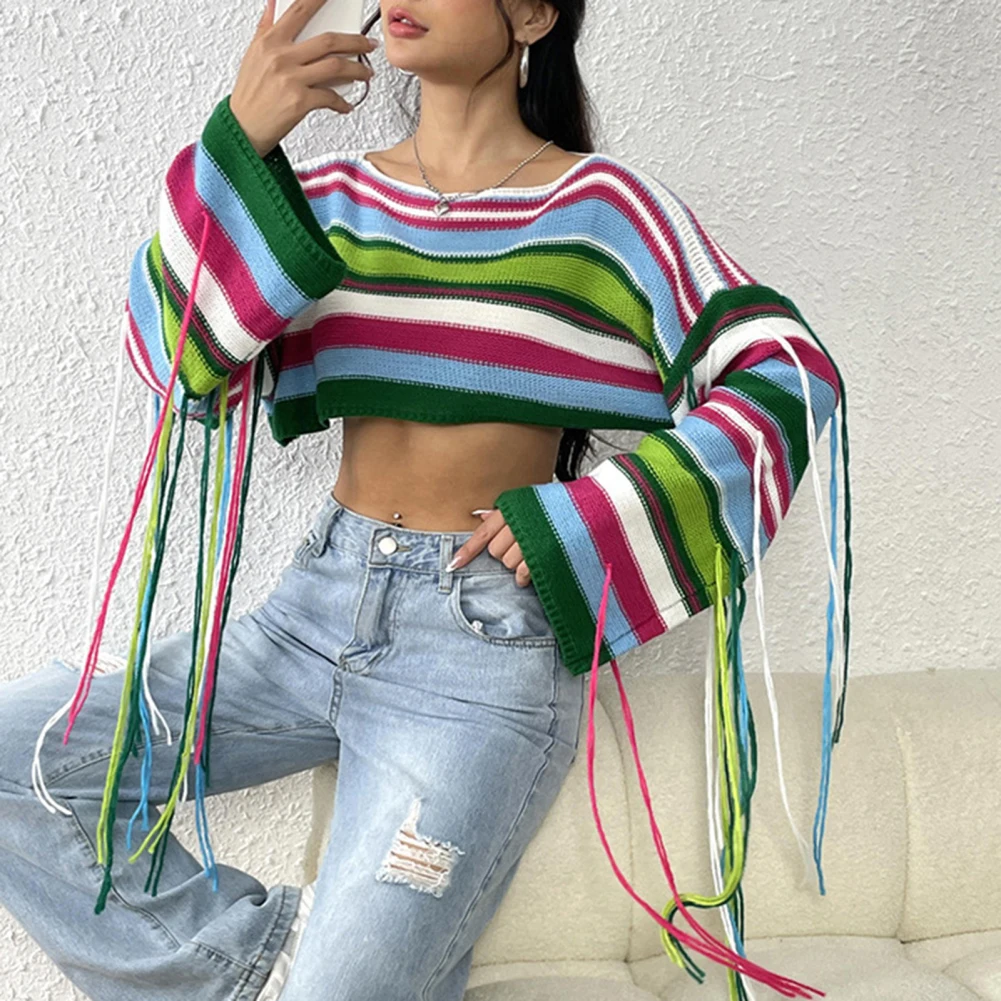 

Women Y2k Striped Oversized Sweater Crewneck Rainbow Striped Fringe Knitwear Super Short Crop Sweater for Girls Women