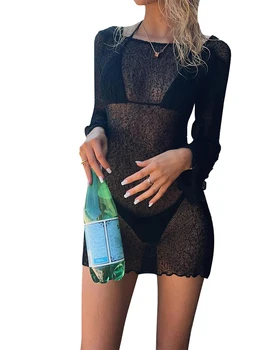 Women Bikini Cover-Ups Solid Color See-Through Long Sleeve Backless Beach Knitted Mini Dress Swimwear Sunscreen Blouse 1