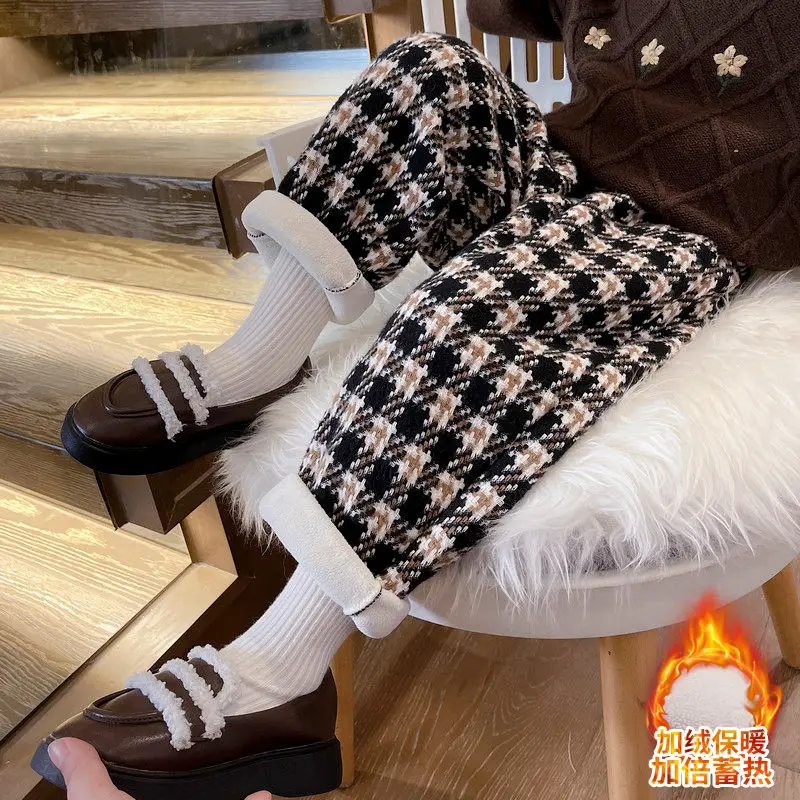Baby Girls Fashion Plaid Casual Pants Korean High Waist Cute Kids Children's Winter Thick Warm Clothing Pant Trousers