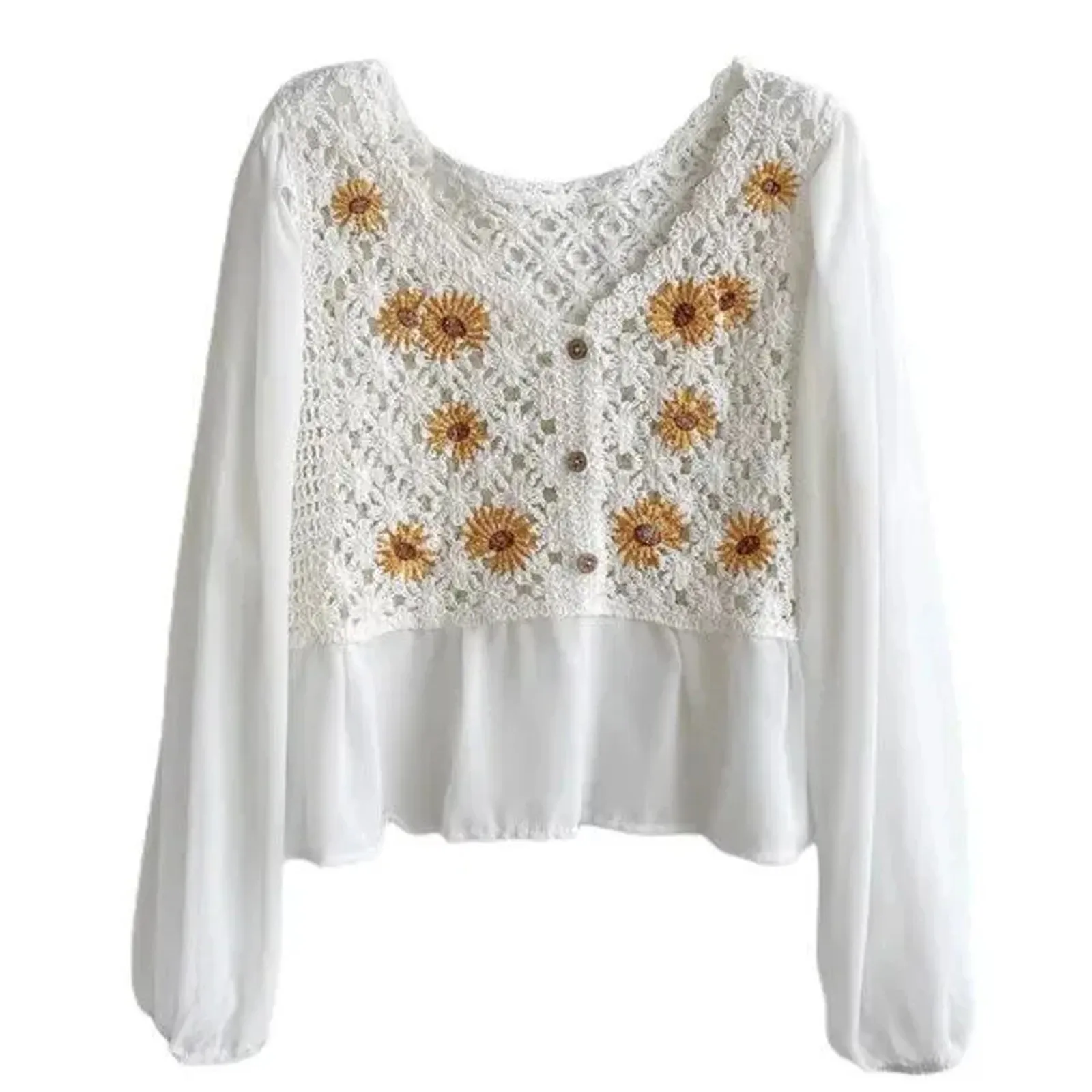 New Women's White Chrysanthemum Embroidery Hollow Patchwork Chiffon Long Sleeve Knit Top Blusas Fmininas 한국인 리뷰 많은 옷