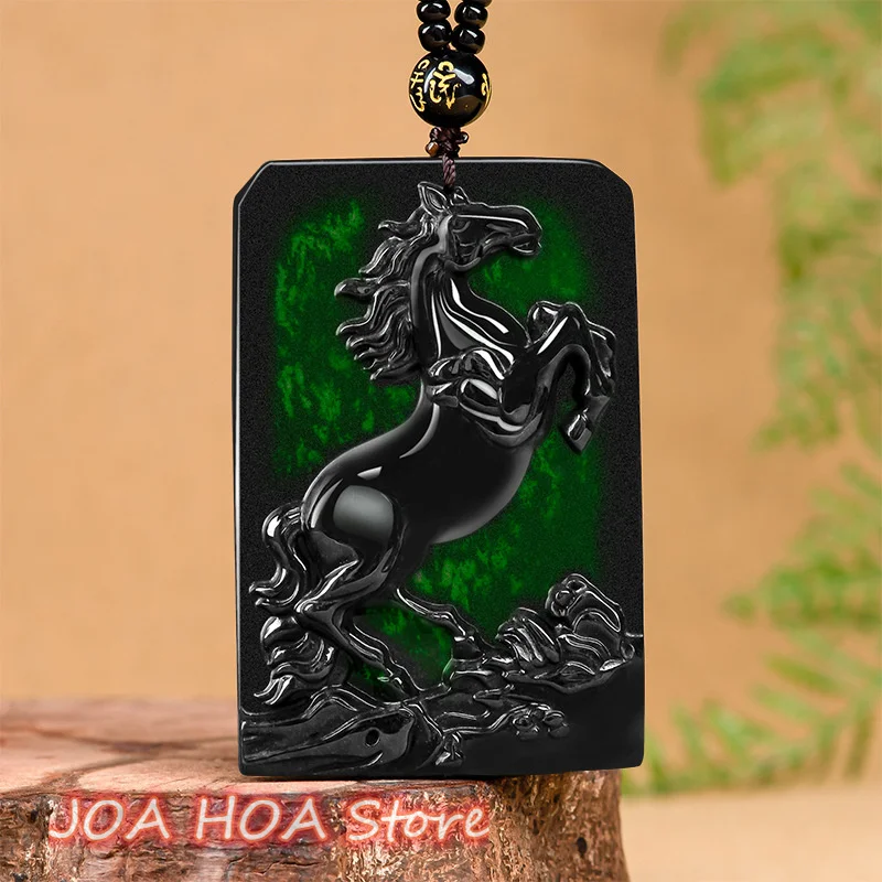 

Ink Emerald Natural Jadeite Grade A Jade Horse Brand Zodiac Horse Pendant Green Necklace Handmaed Chain Exquisite Jewelry