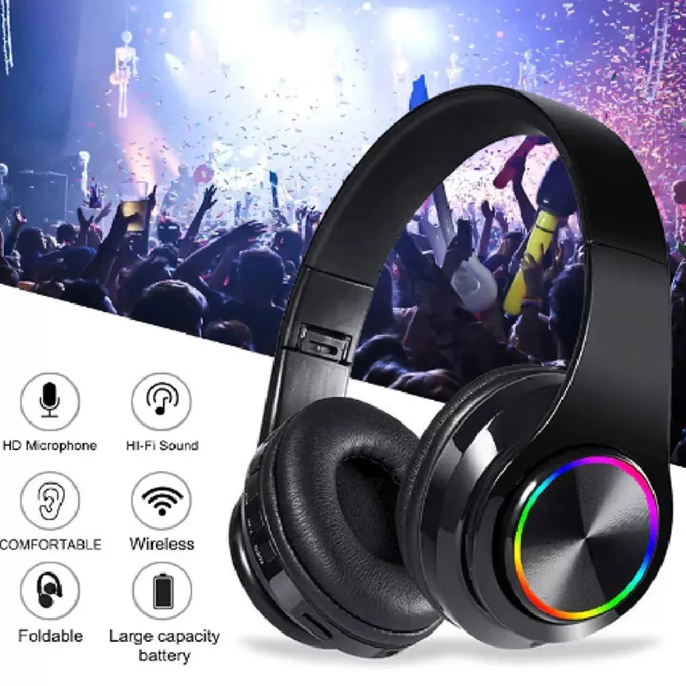 

Wireless Headphones Over Head Earphone CVC6.0 Foldable Headset With Built in Mic TF FM Wired RGB Foldable Over Head Headset