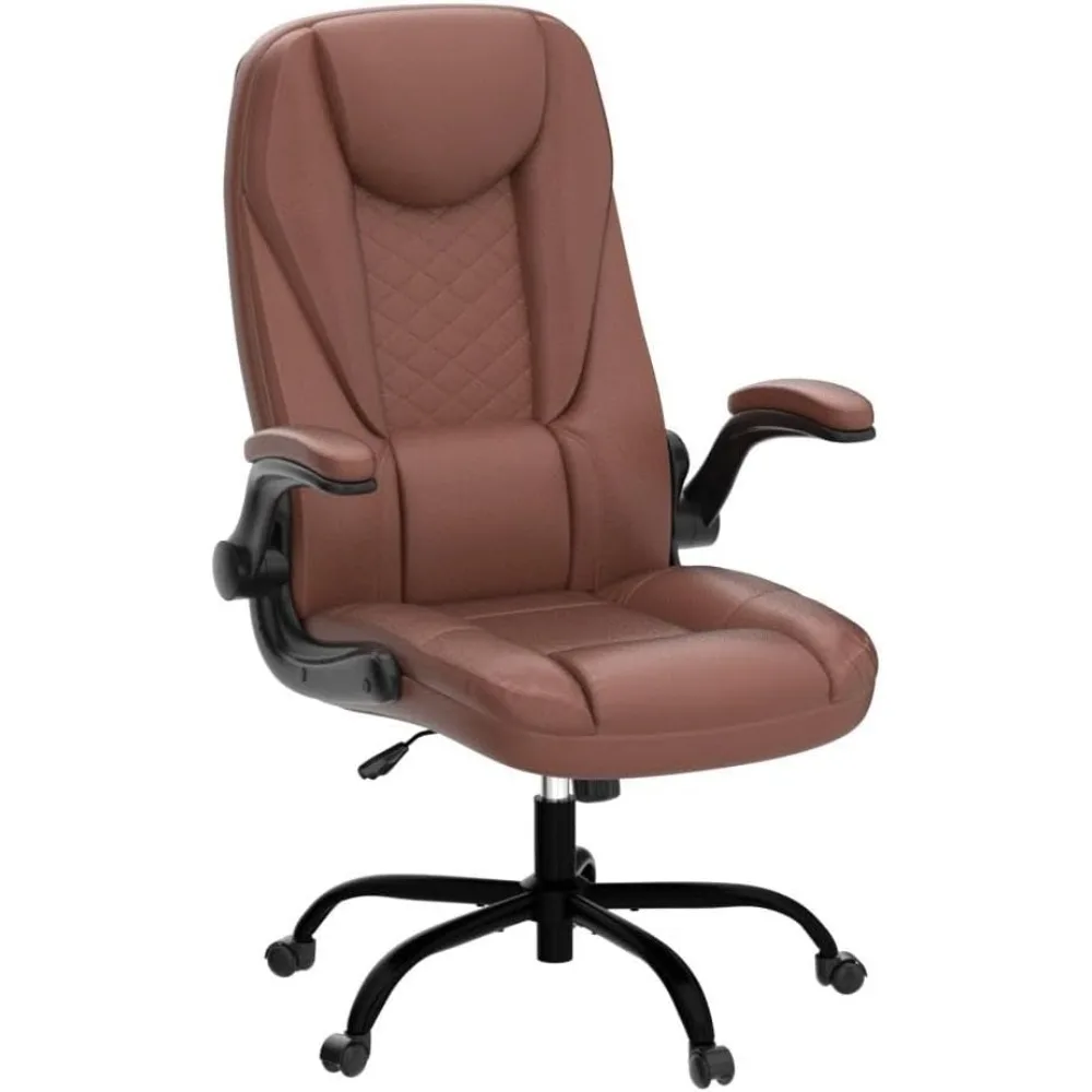 Executive Office Chair Big and Tall ,Flip-Up Arms High Back Desk Chair Leather Chair with Lumbar Support Brown