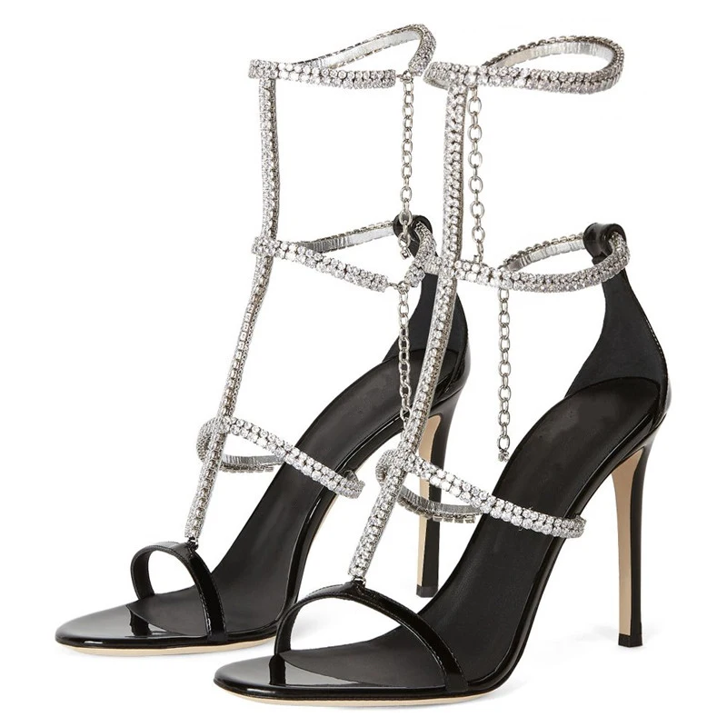 

Bling rhinestone Strap Chains crossed Summer Sandals Cutouts High Heels open Toe Gladiator Crystal Banquet Dress Shoes