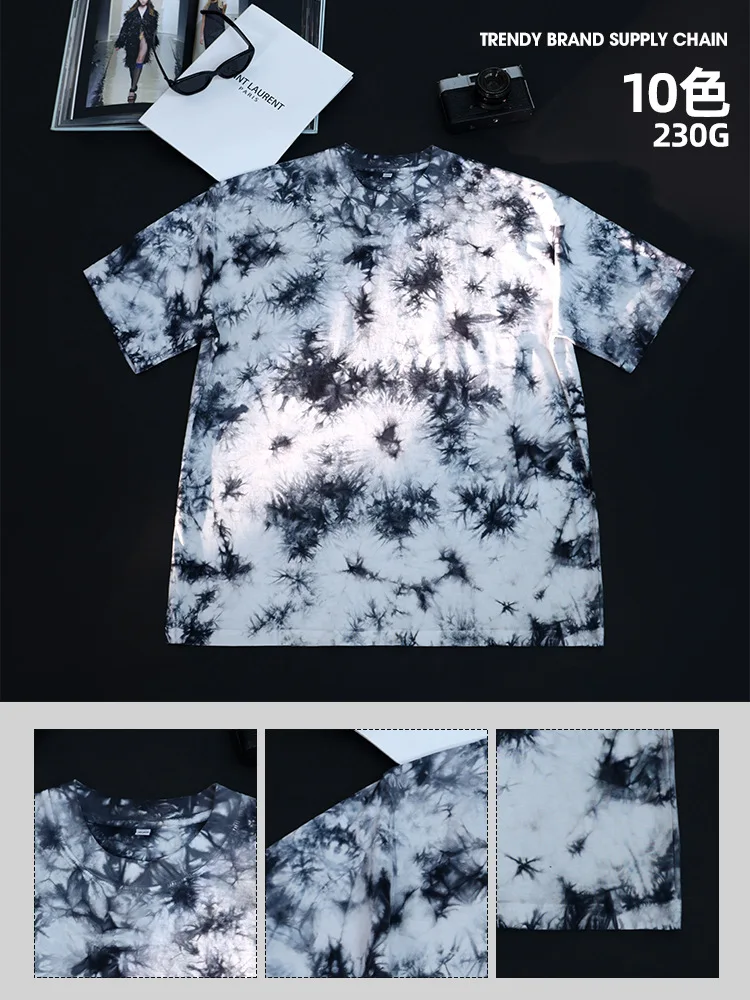 Schweres Batik-T-Shirt mit kurzen Ärmeln, locker geschnitten, aus reiner Baumwolle, im amerikanischen Retro-Vintage-Stil, sommerliche Freizeit-Streetwear-Oberteile – Detail 3