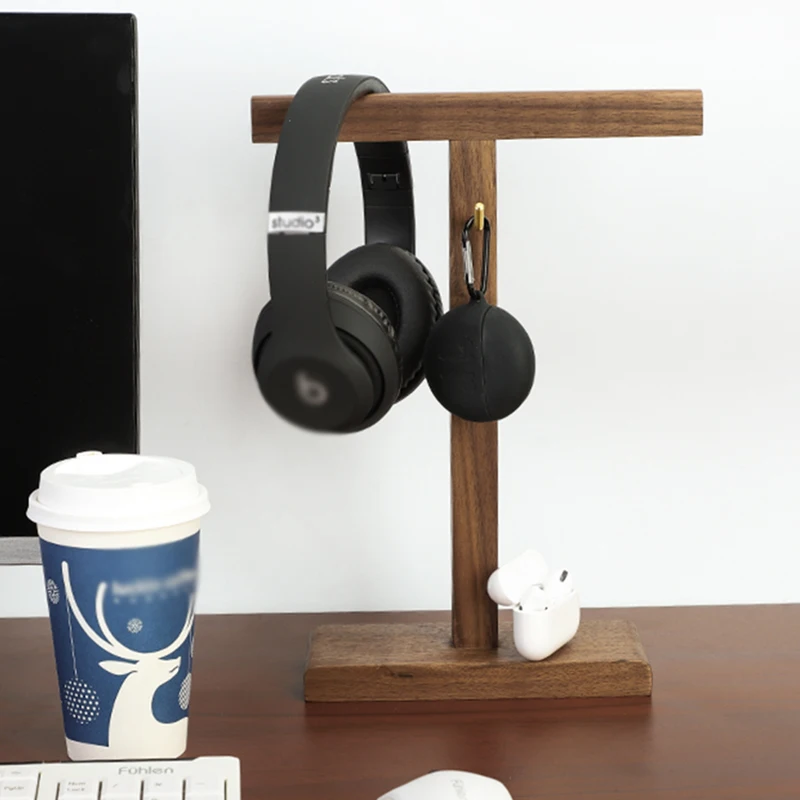 

Solid Wood Headphone Stand Headset Holder Gaming Headset Holder Hanger with Brass Hook, Cable Organizer Earphone Stand