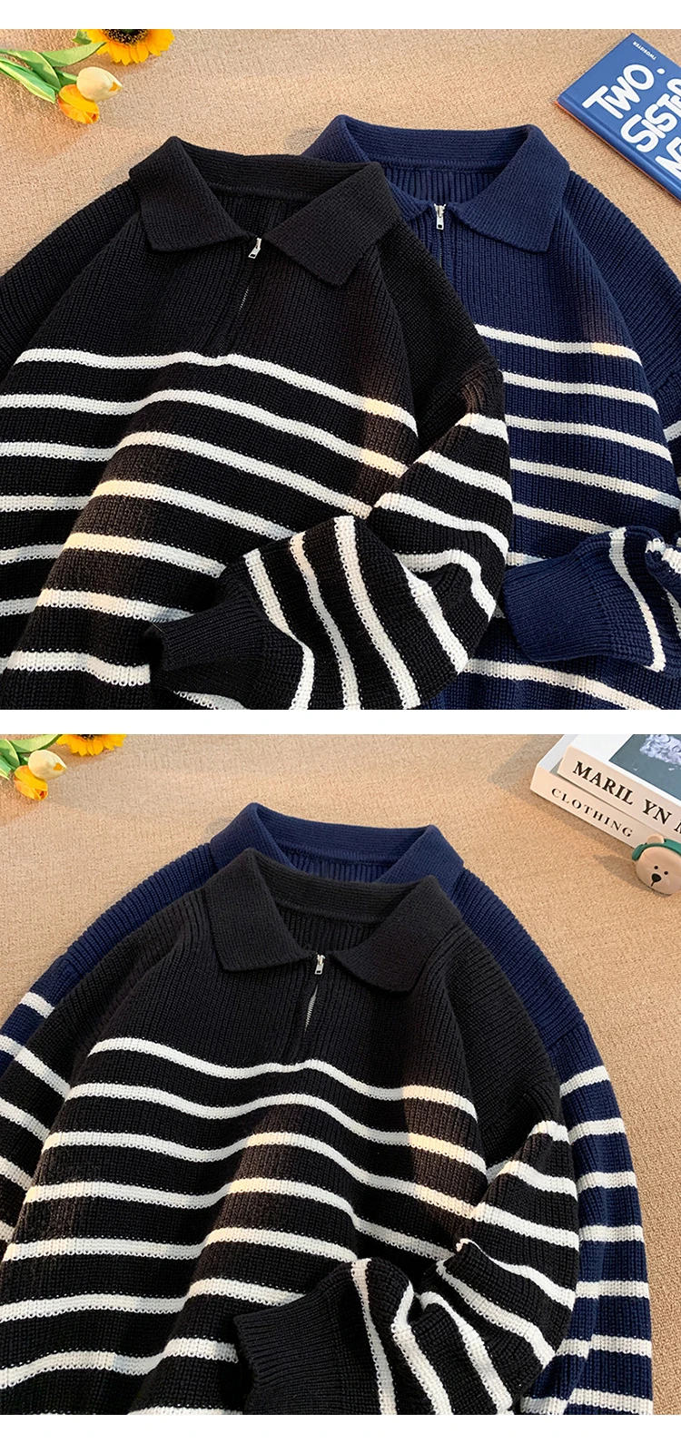 Description Picture 5 of itemAutumn Winter New Lapel Neck Sweater Men's Korean Slim Fit Knitted Pullovers Striped Casual Bottoming Shirt Sweater D102