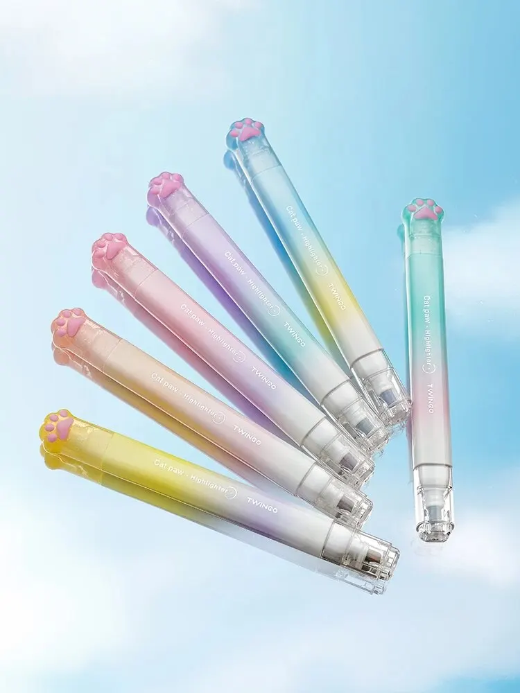 Twingo Cat's Paw Highlighter Double-ended Two-color Gradient Ins High-Value Handbook Marker Pen Student Supplies 6pcs/box highlighter pen marker pen highlighter marker
