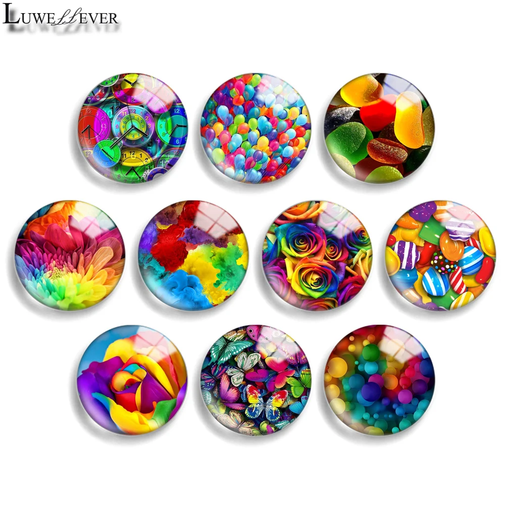 

12mm 10mm 20mm 25mm 30mm 40mm 822 Rainbow Mix Round Glass Cabochon Jewelry Finding 18mm Snap Button Charm Bracelet