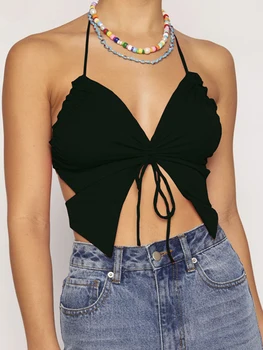 Women Summer Top Butterfly Design Sexy Wrapped Chest Vest Tie Back Spaghetti Strap Camisole Crossover Ruched Slim Fit Camisole B 1