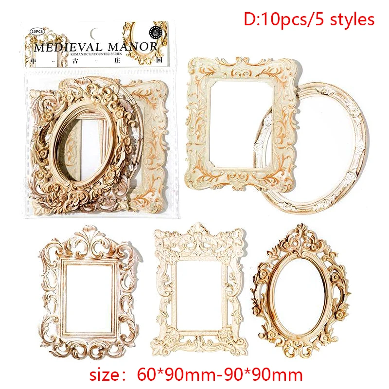レトロな透かし彫りの正方形の額縁,10個,丸い額縁,豪華な手彫り,装飾的なコラージュ素材