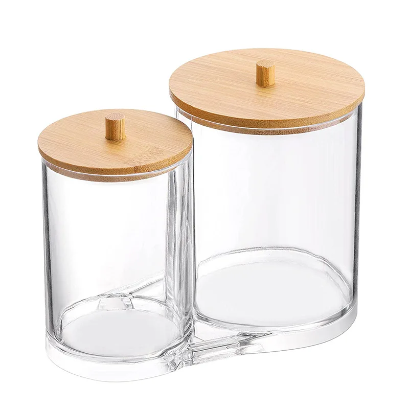 Bamboo cover makeup cotton storage box European style transparent bamboo cover cotton swab box can be stacked with desktop or... 5