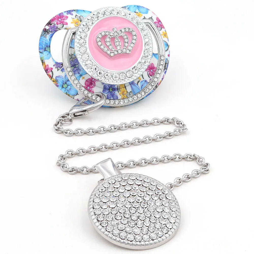 Pacifier Clip Silver Corwn Pacifier Beads Personalized Bling Pacifier Infant Nipple Holder chupetes de lujo