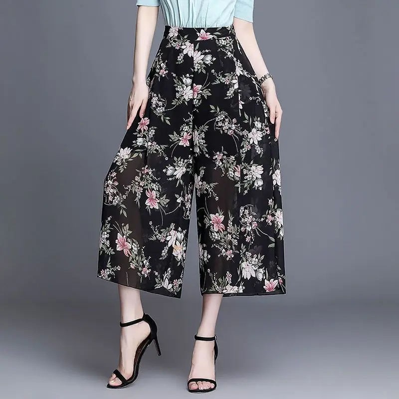 SummerCasualWomensAnklelengthPantsPrintedWideLegStretchWaist