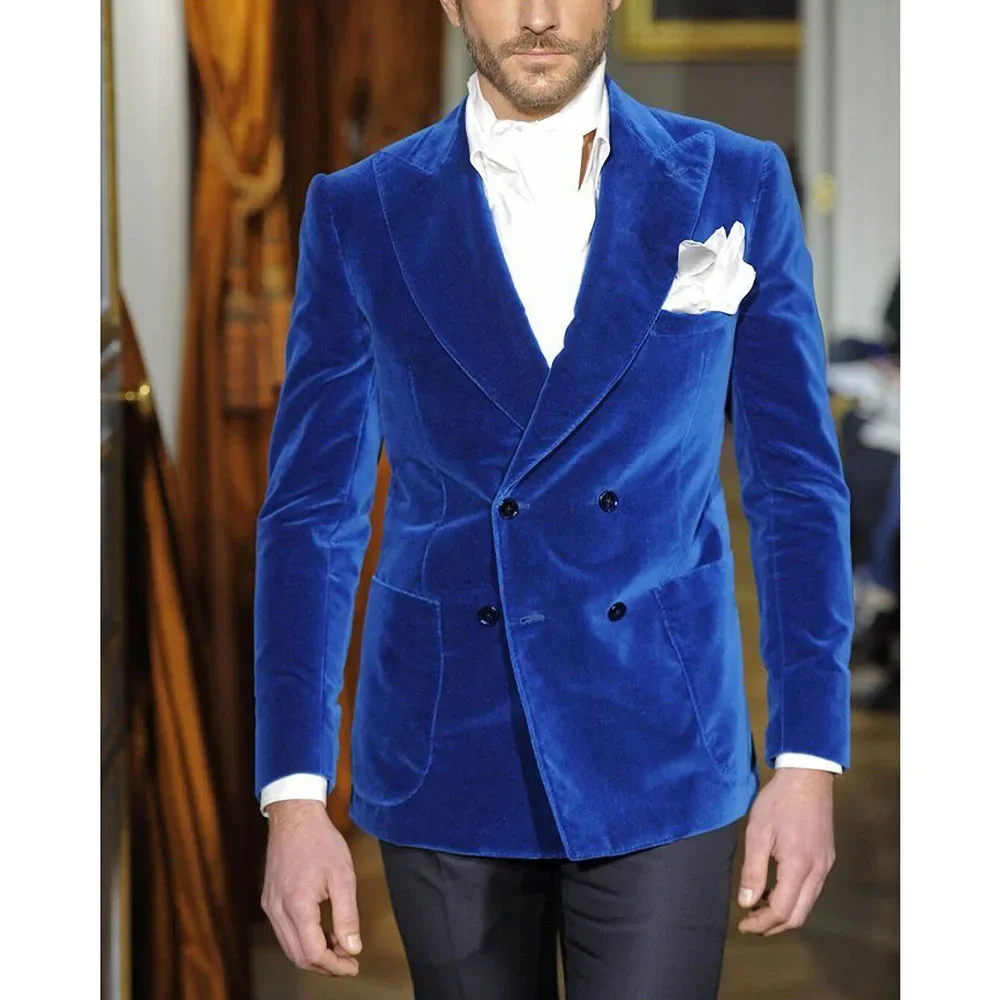 

Fashion Men Suits Velvet Chic 2 Piece Formal Peak Lapel Double Breasted Blazer With Pants Slim Fit Casual Groom Wedding Tuxedo