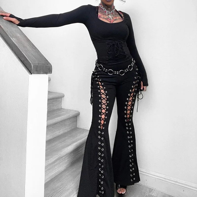 Gothic Bandage Cut Out Pants Black Clothes for Women Cyber