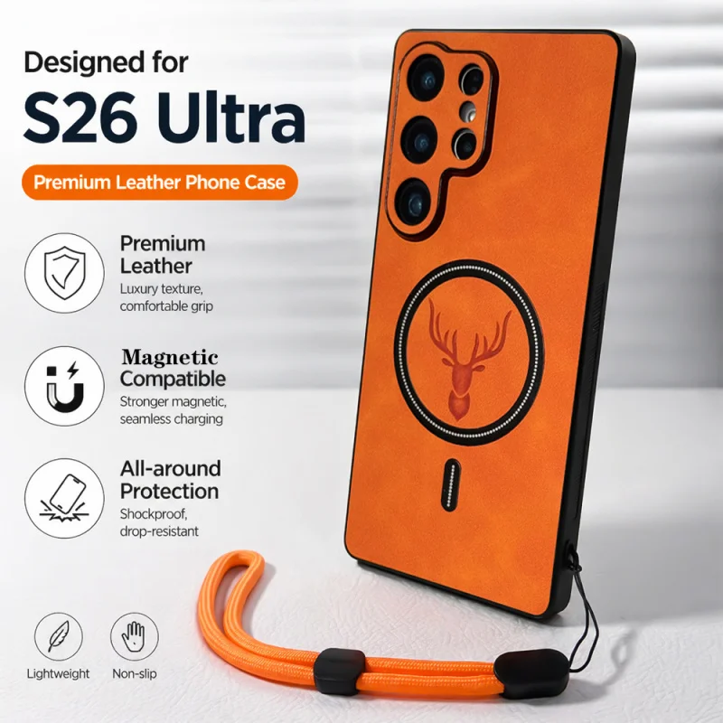Luxury Leather Magnetic Wireless Charging Phone Case with Lanyard Cover