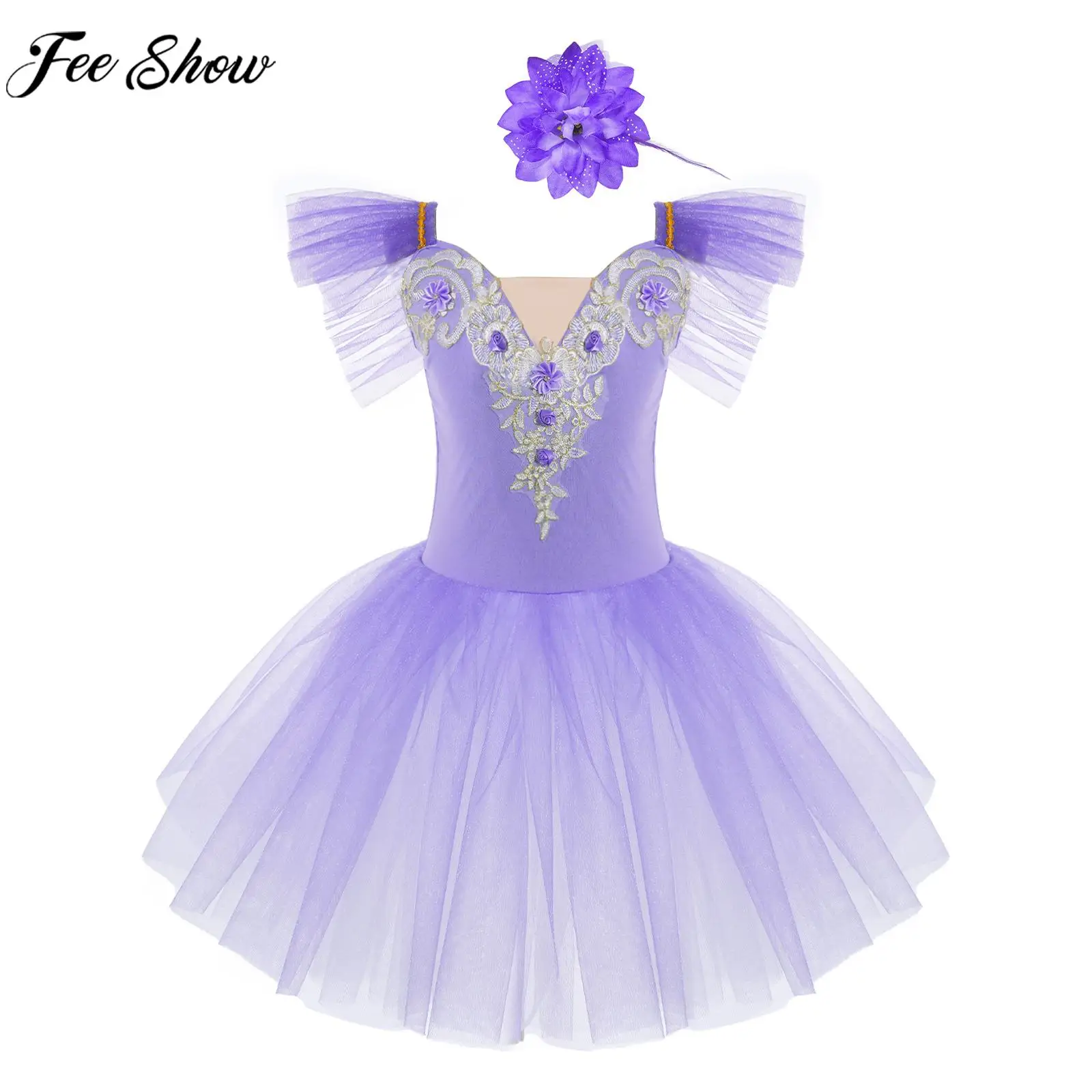 

Children Girls Ballet Dance Dress Ballerina Performance Dancewear Flying Sleeve Lace Flower Mesh Leotard Tutu with Headdress