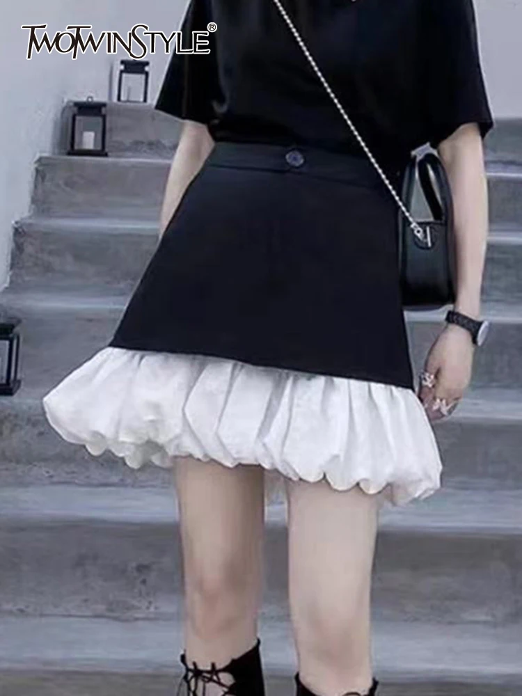 

TWOTWINSTYLE Irregular Patchwork Folds Skirts For Women High Waist Casual Mini A Line Skirt Summer Female Fashion Clothing 2023