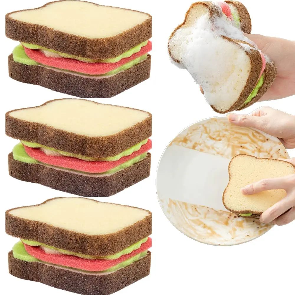 

3 Pack Magic Kawaii Sandwich Sponge for Dishwashing Toast Shape Sponges Deep Cleaning Thickened Scrub Kitchen Sponges