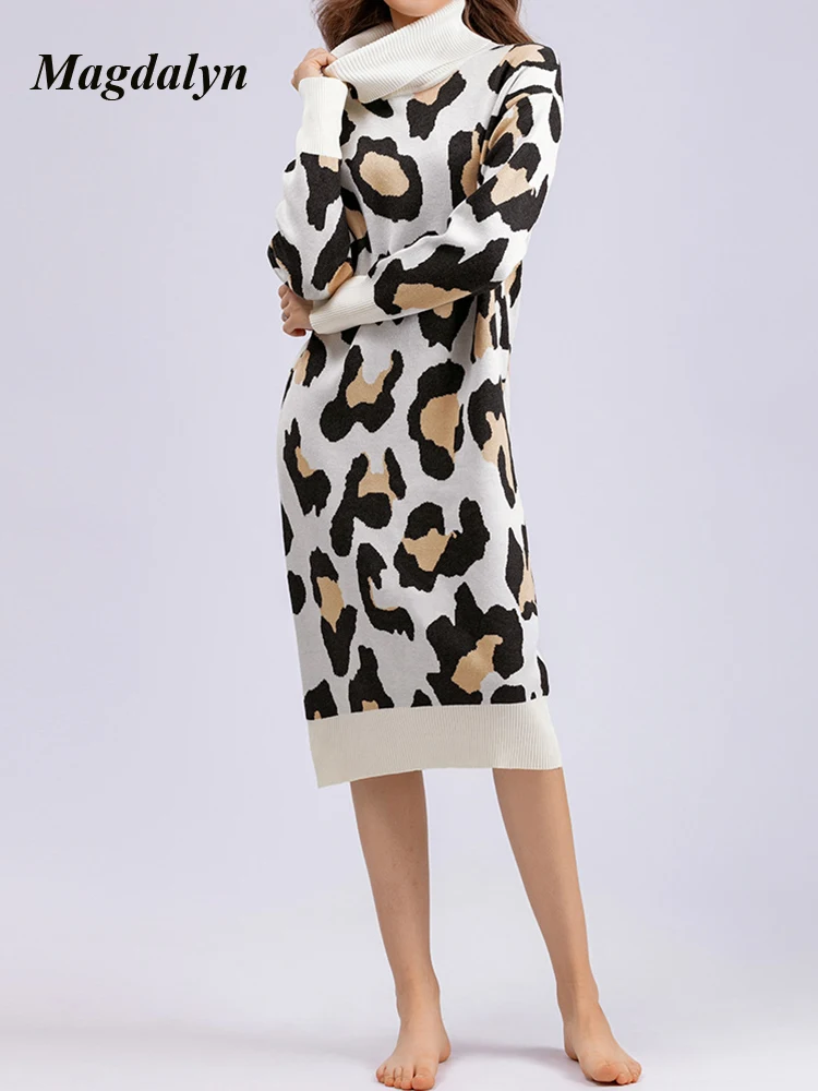 

Magdalyn Women Leopard Print Turtleneck Dress Fashion Vintage Long Sleeves Midi Long Vestido Winter Warm Knitted Sweater Dresses