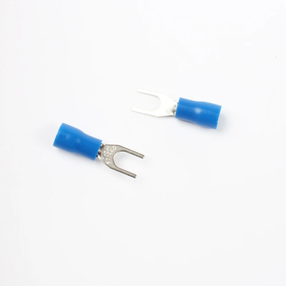 Blue Furcate Cable Wire Connector - 100 Pack Pre-Insulating Fork Spade 16-14AWG Crimp Terminals