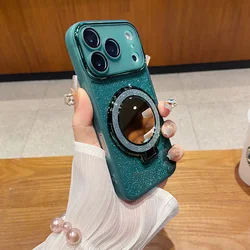 Luxury Glitter Bling Camera Film Case with Magnetic Makeup Mirror and Stand Cover - iPhone 12 Pro Max (Green)