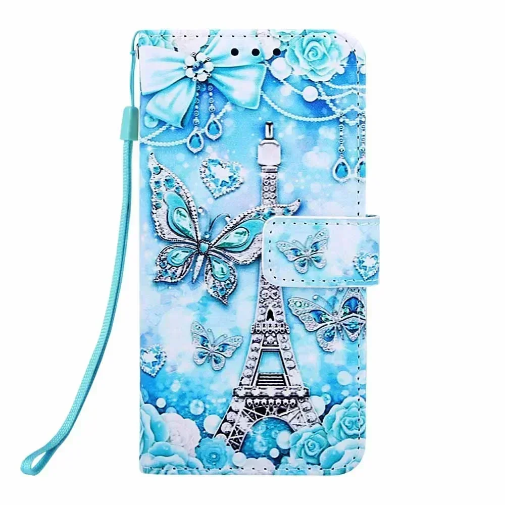 Chic Painted PU Leather Flip Phone Case with Wallet Stand and Card Holder Strap