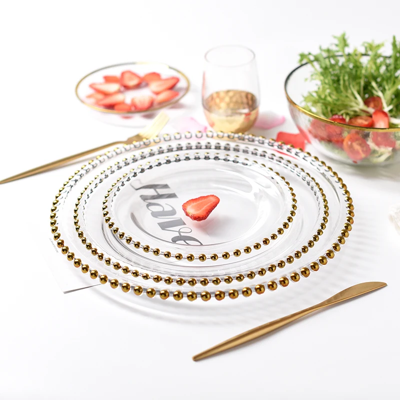 Nordic Gold Bead Glass Charger Plate for Dinner Decorative Salad Fruit Service Plate fruit plate plastic dinner plates For Wedding Party
