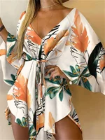 Women Print Dress Sexy V-Neck Bat Sleeve Ruffl Flowers Print Bohemian Beach Sundress Ladies Loose Summer Vacation Mini Dresses - Image 3